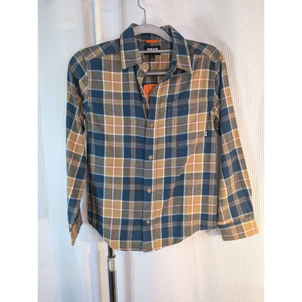 Boys Flannel Plaid Shirt Size S 8 Bass Outdoor NWT Blue Tan Long Sleeve (G10)